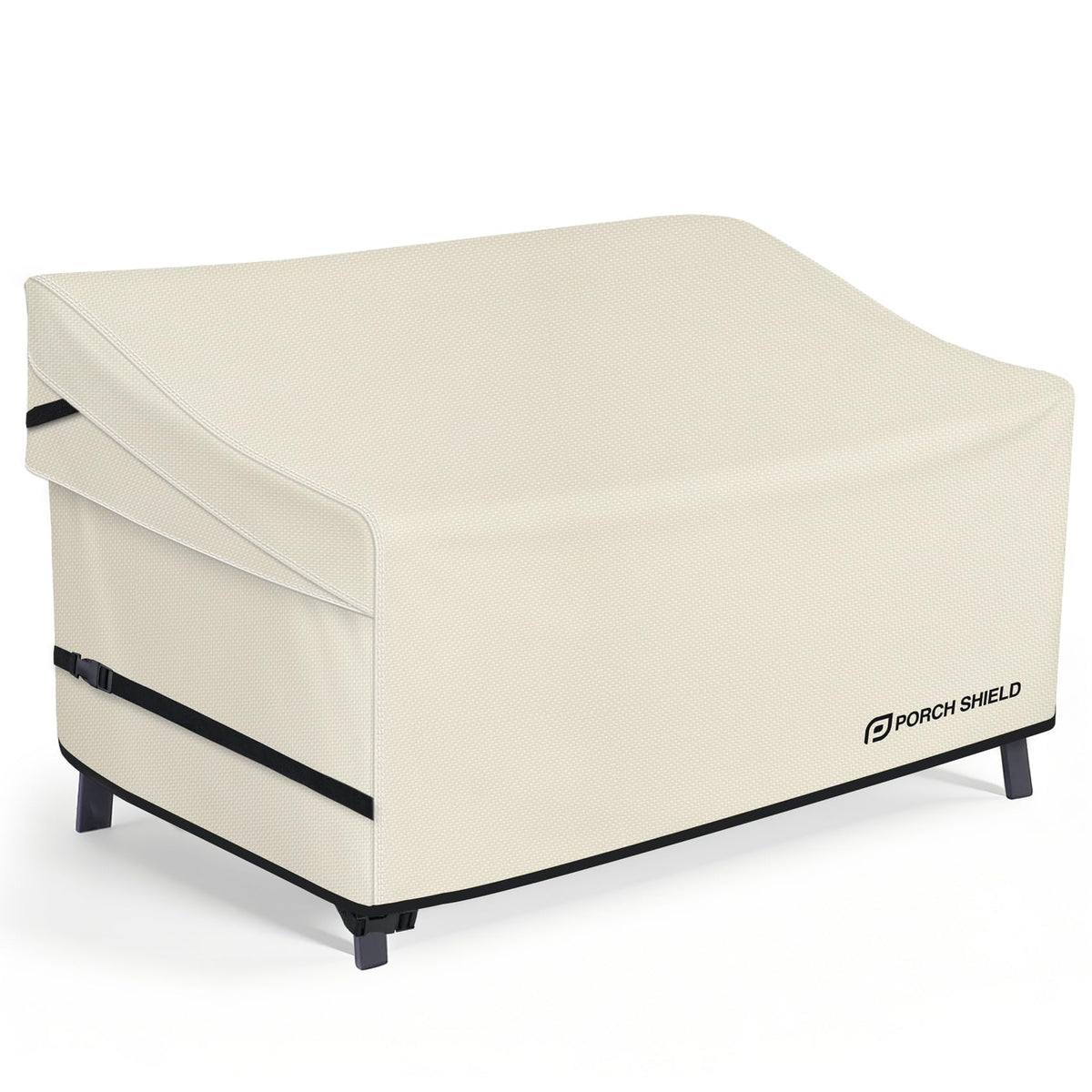 Porch Shield front view showing full beige loveseat coverage and weather protection