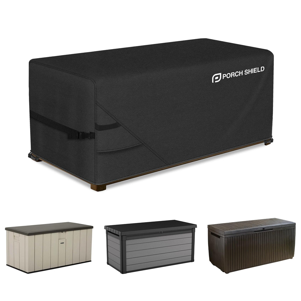 Porch Shield front view showing full cover protecting a rectangular deck box