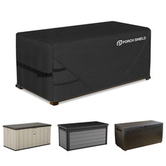 Porch Shield front view showing full cover protecting a rectangular deck box