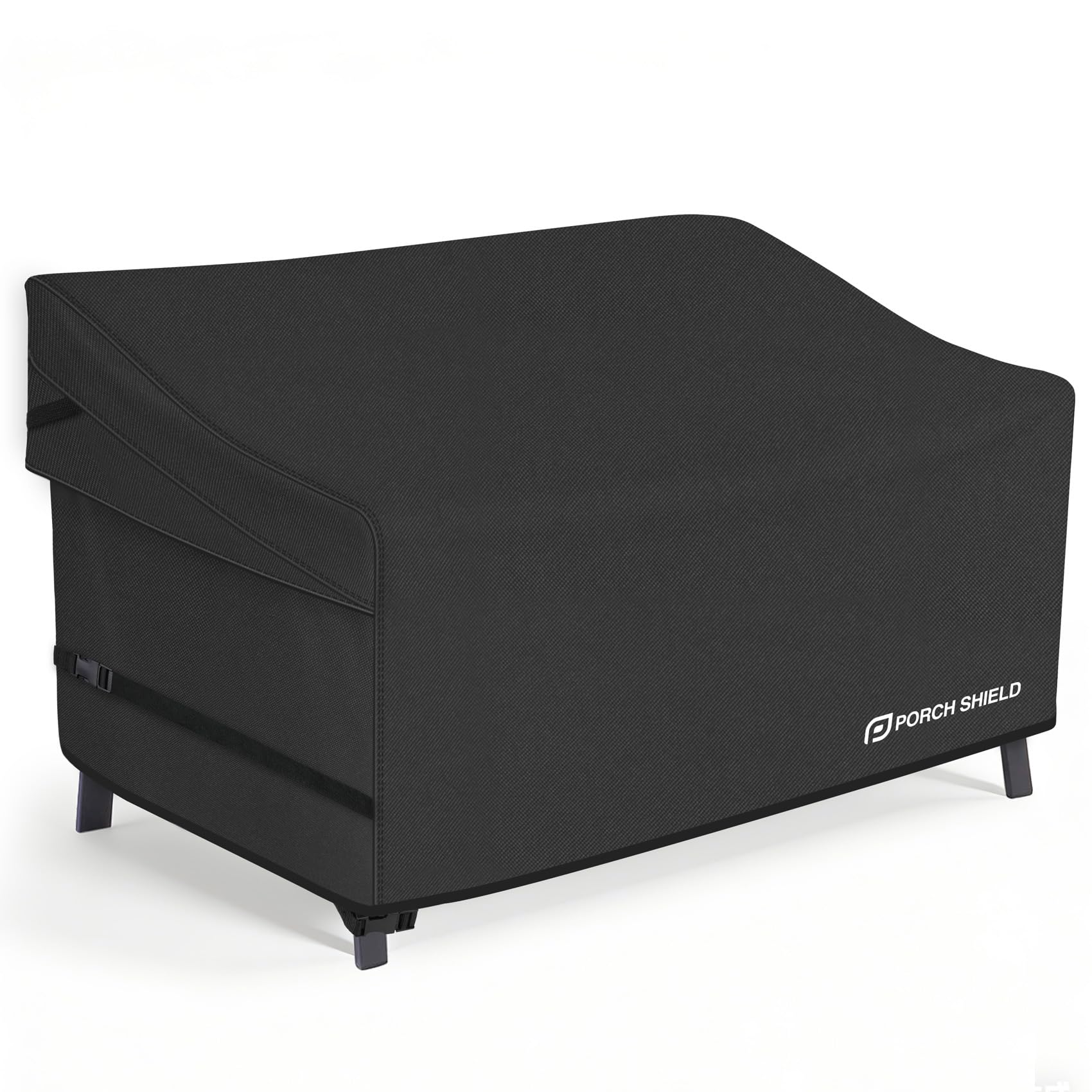 Porch Shield front view covering a two-seat loveseat showing full protection