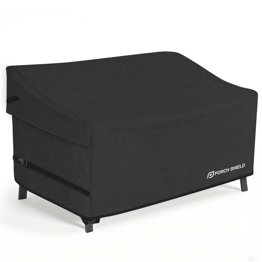 Porch Shield front view covering a two-seat loveseat showing full protection
