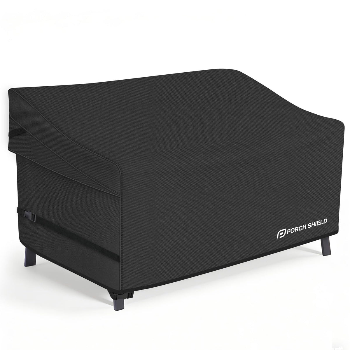 Porch Shield front view covering a two-seat loveseat showing full protection