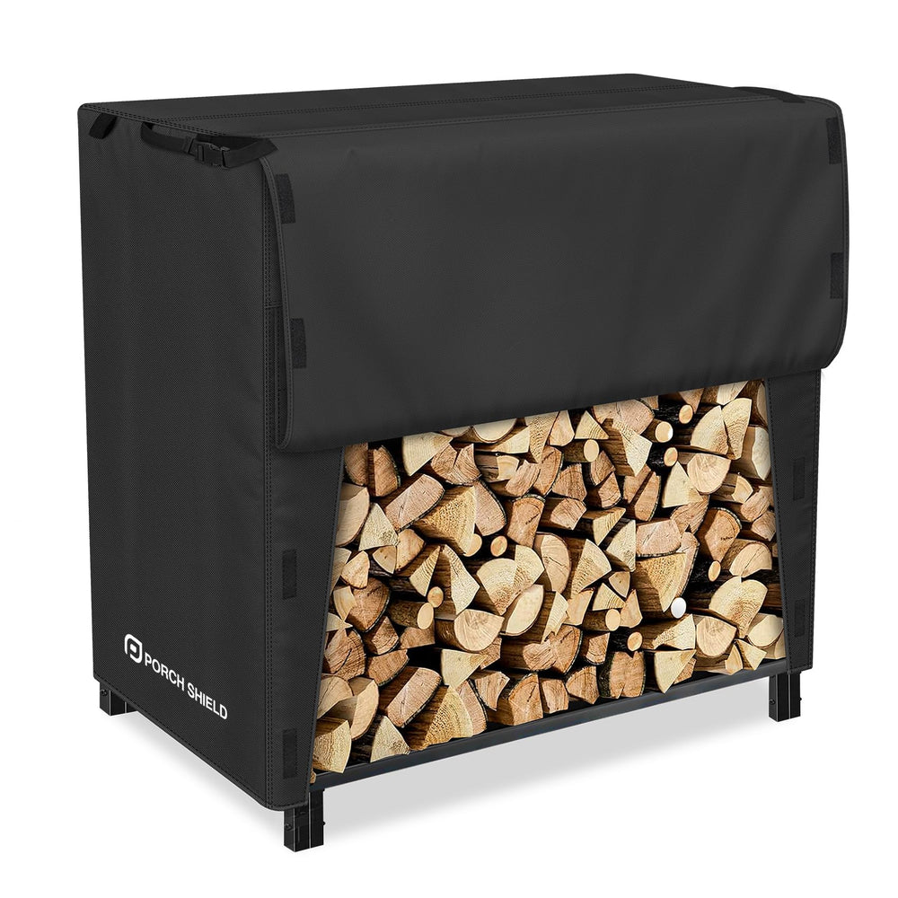Porch Shield front view showing protected 4ft firewood rack and weather defense