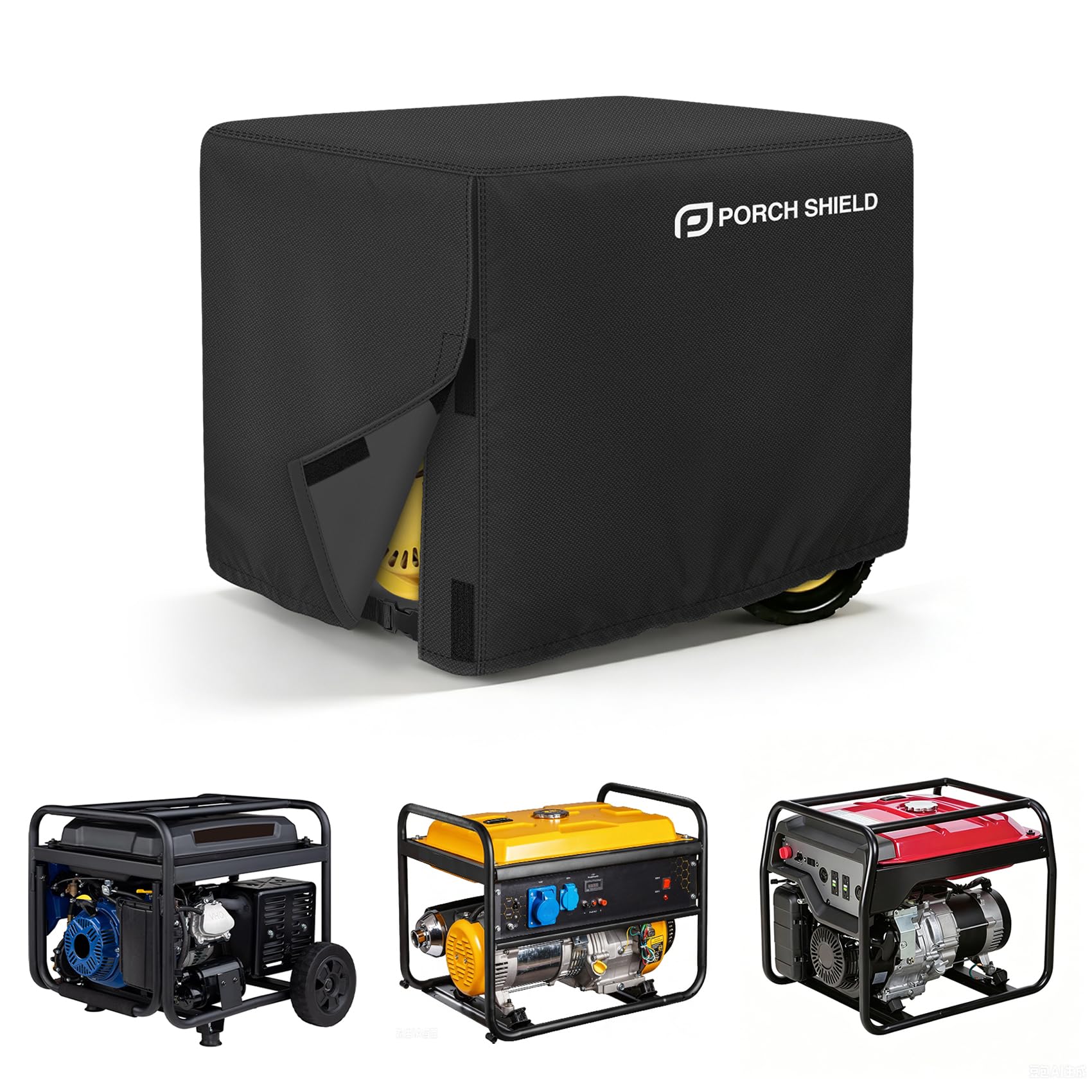 Porch Shield front view showing full generator coverage and weather protection
