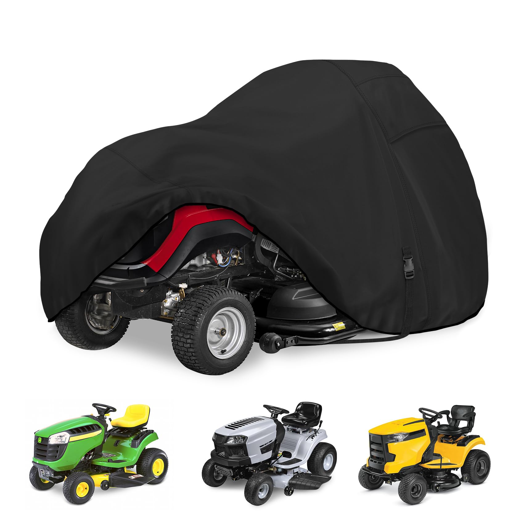 Porch Shield front view covering a riding mower protects from rain