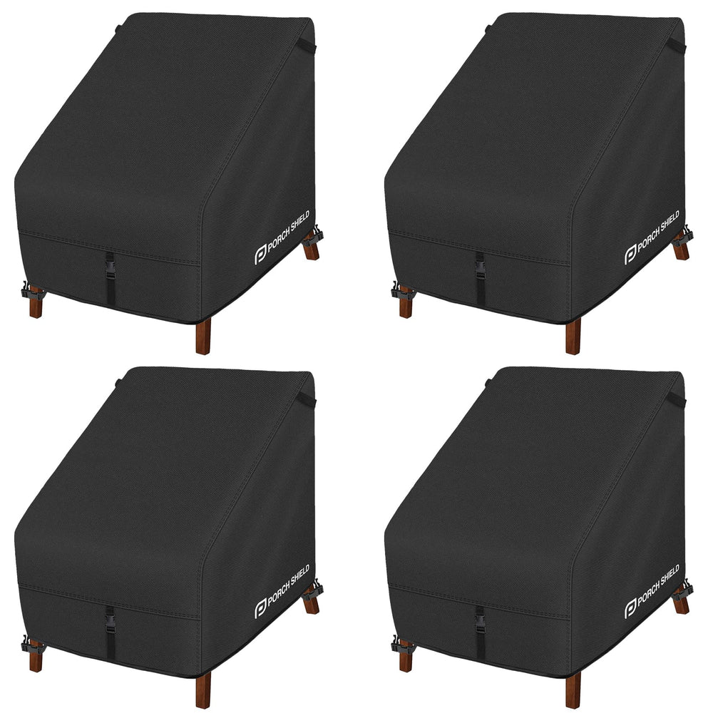 Porch Shield front view of four black covers protects patio chairs