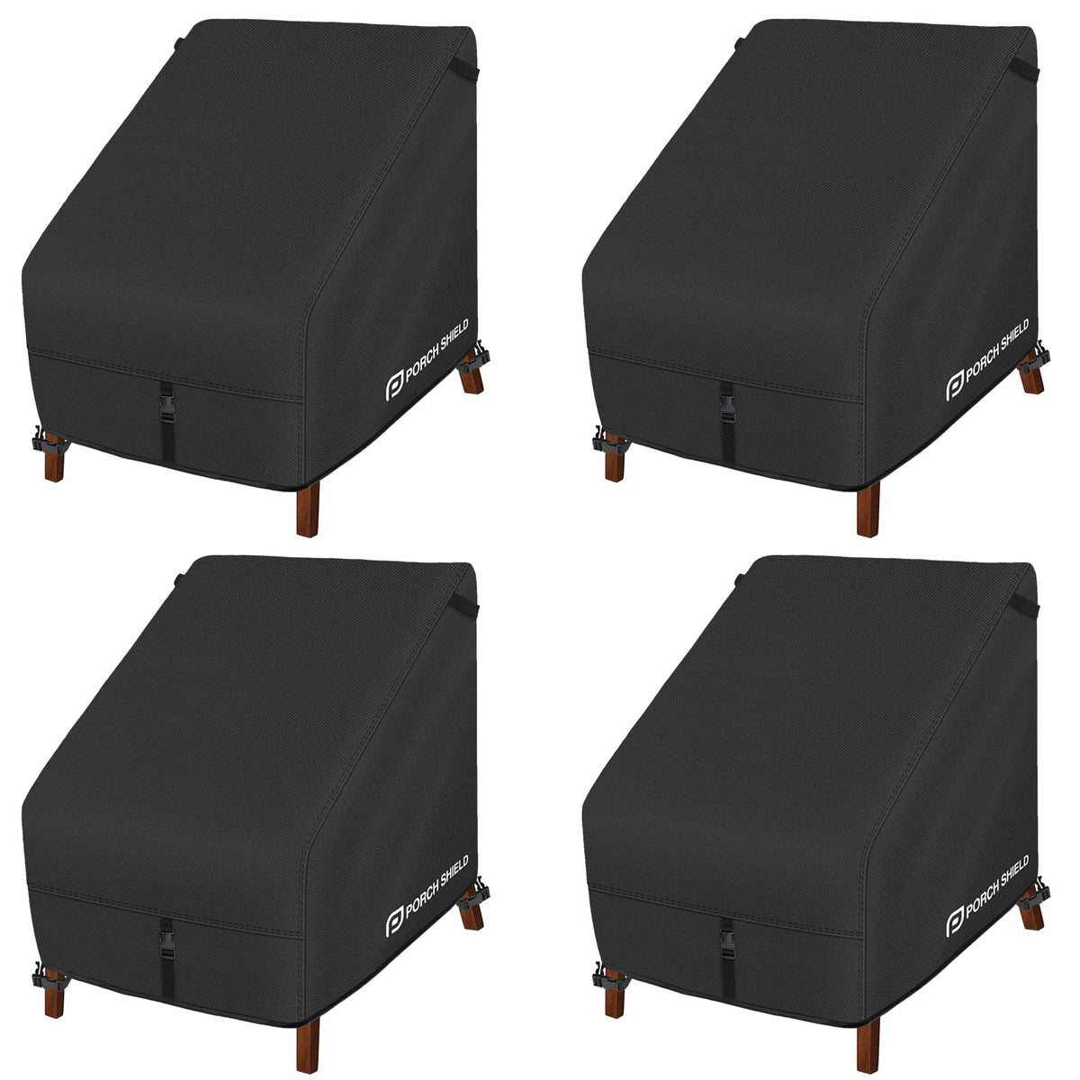 Porch Shield front view of four black covers protects patio chairs