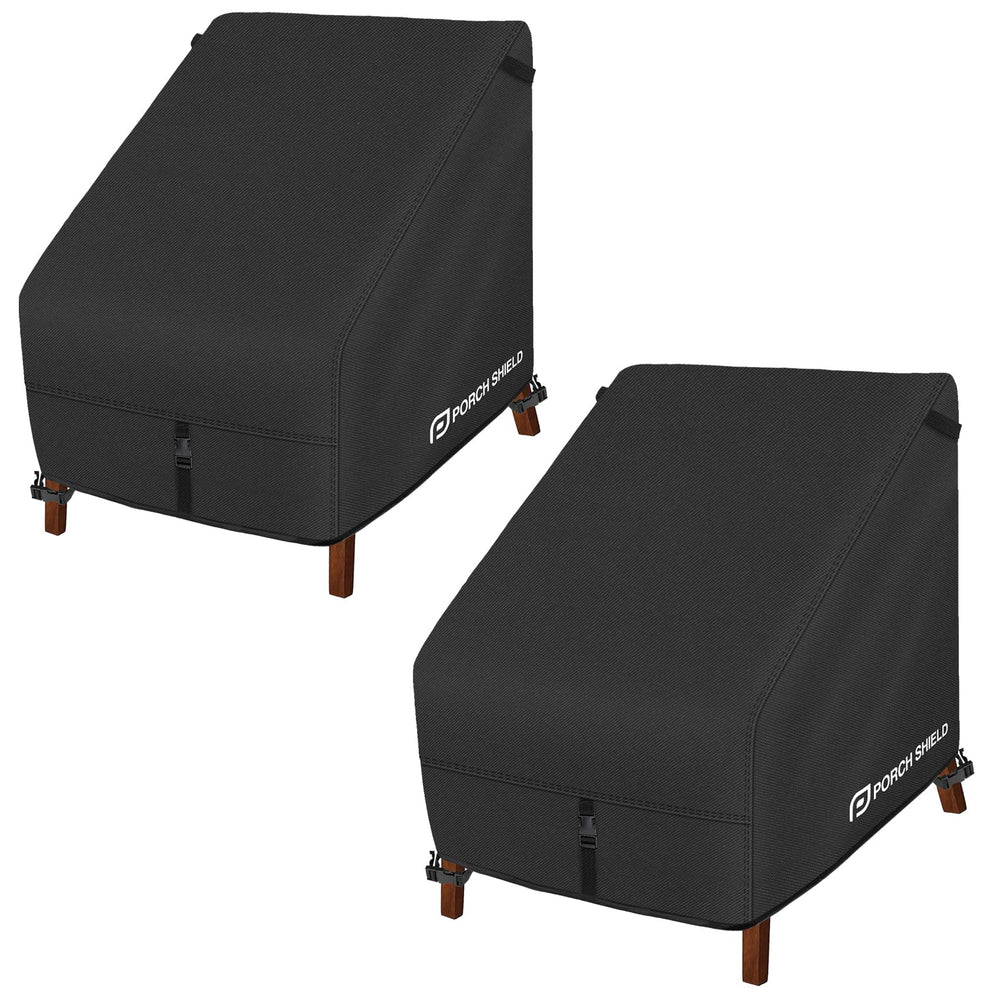 Porch Shield front view of two black covers protecting lounge chairs, durable protection