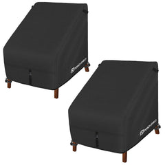 Porch Shield front view of two black covers protecting lounge chairs, durable protection