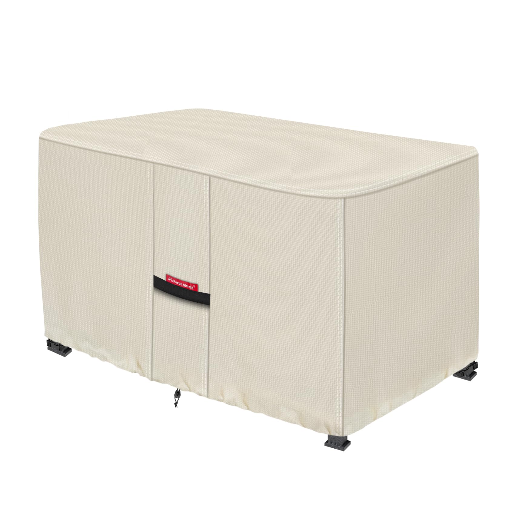 Porch Shield front view of beige rectangular cover showing full protection benefits