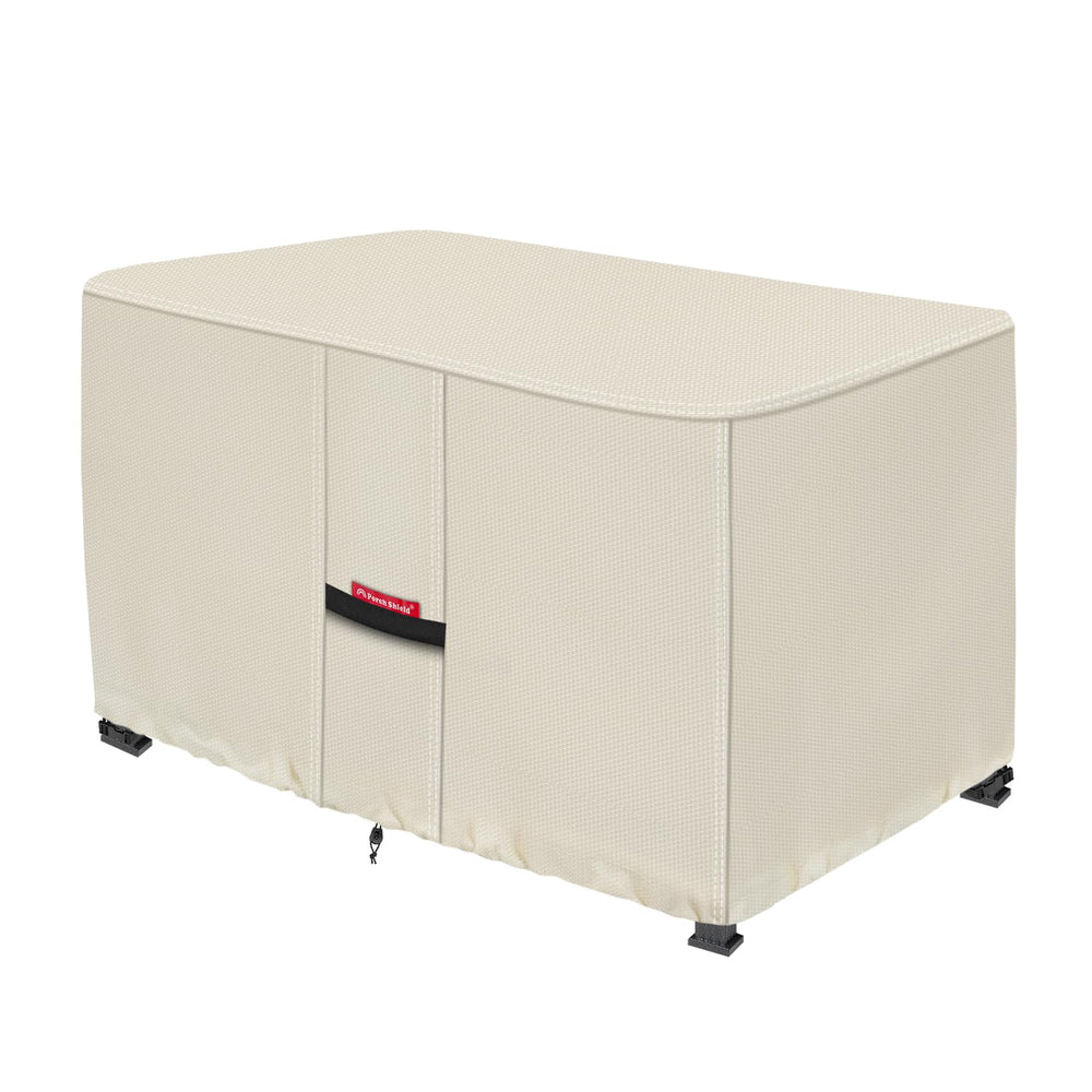 Porch Shield front view of beige rectangular cover showing full protection benefits