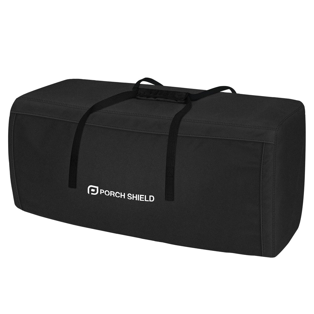 Porch Shield front view of black cushion storage bag showing shape and size benefit