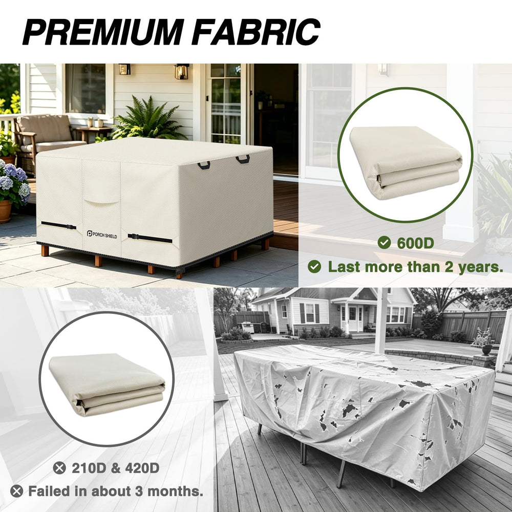 Porch Shield in-use over patio dining set demonstrating quick protection benefit