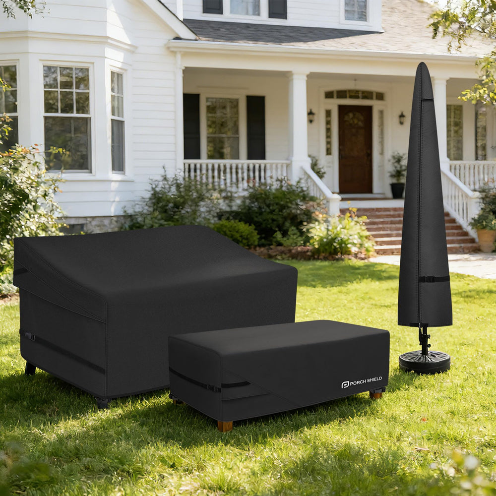Porch Shield cover in use on a patio coffee table showing weather protection benefit