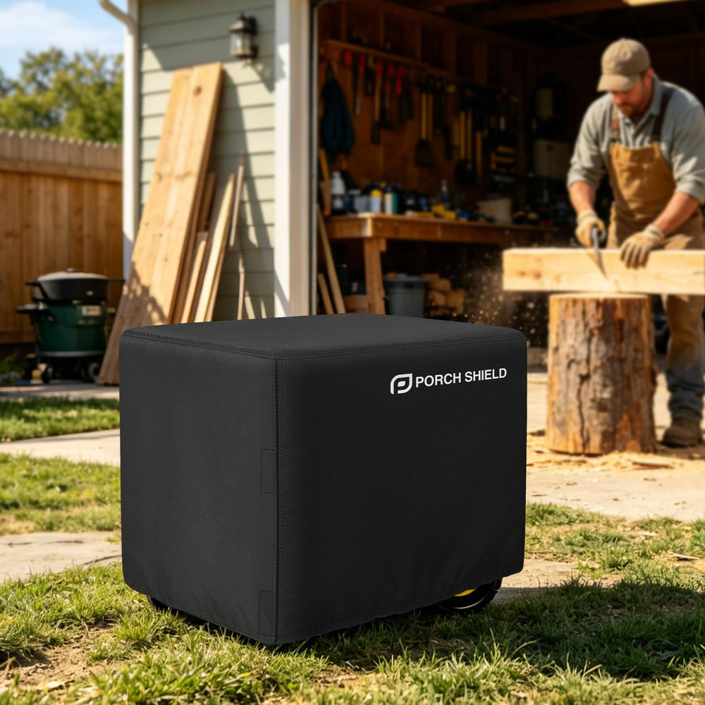Porch Shield installed on 7500–9500W generator showing coverage
