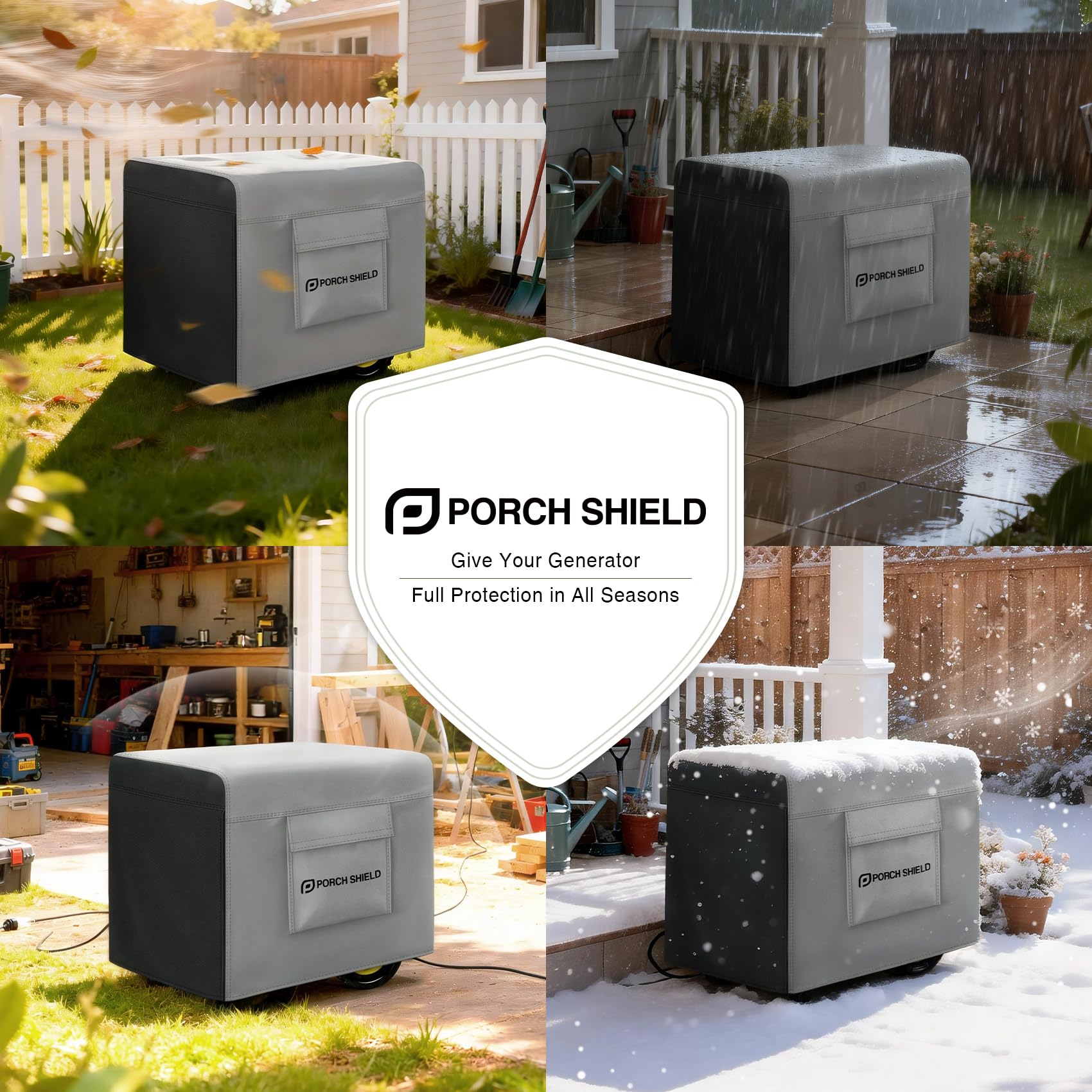 Porch Shield lifestyle backyard scene protecting generator and providing peace
