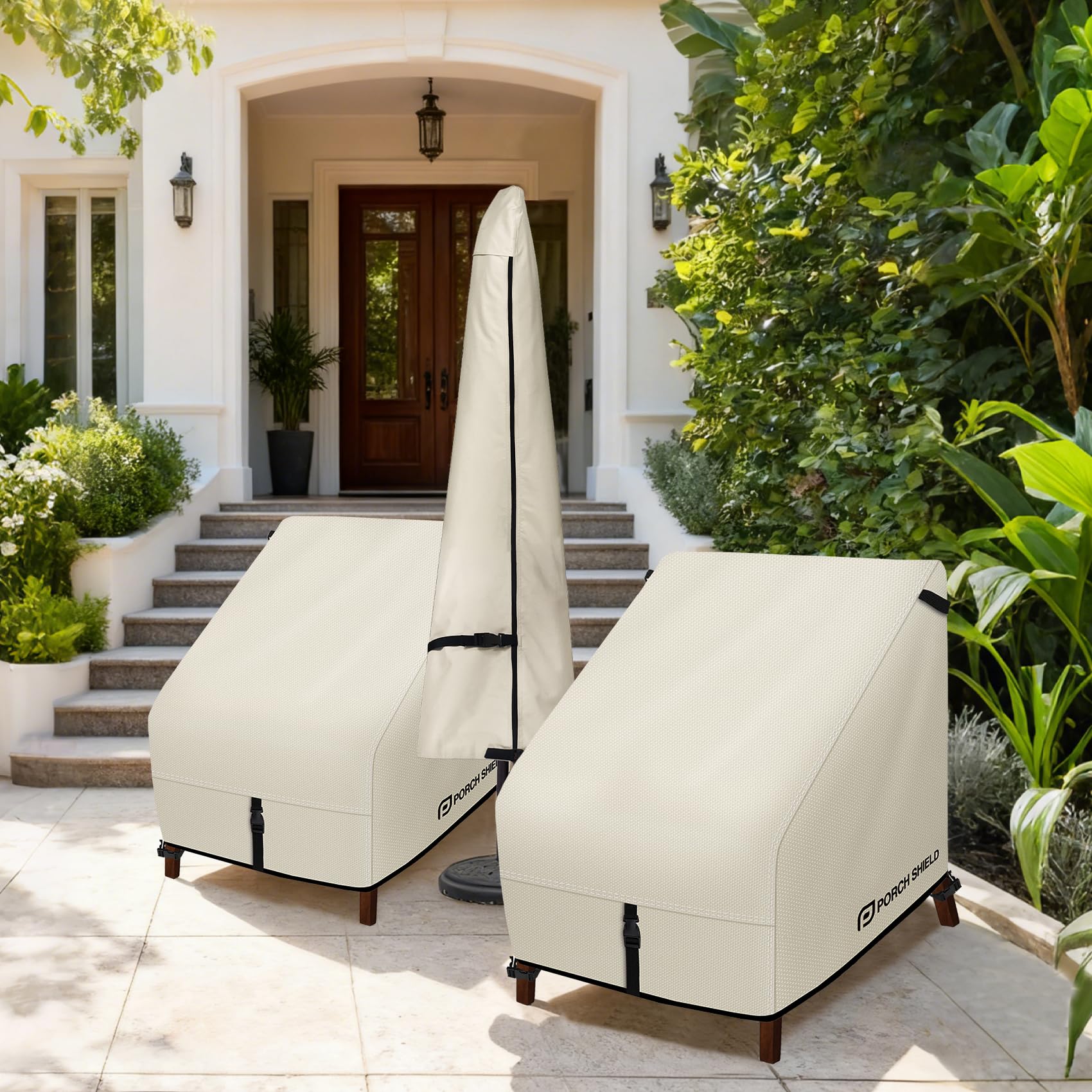 Porch Shield on patio with chairs demonstrating weather protection and tidy outdoor look