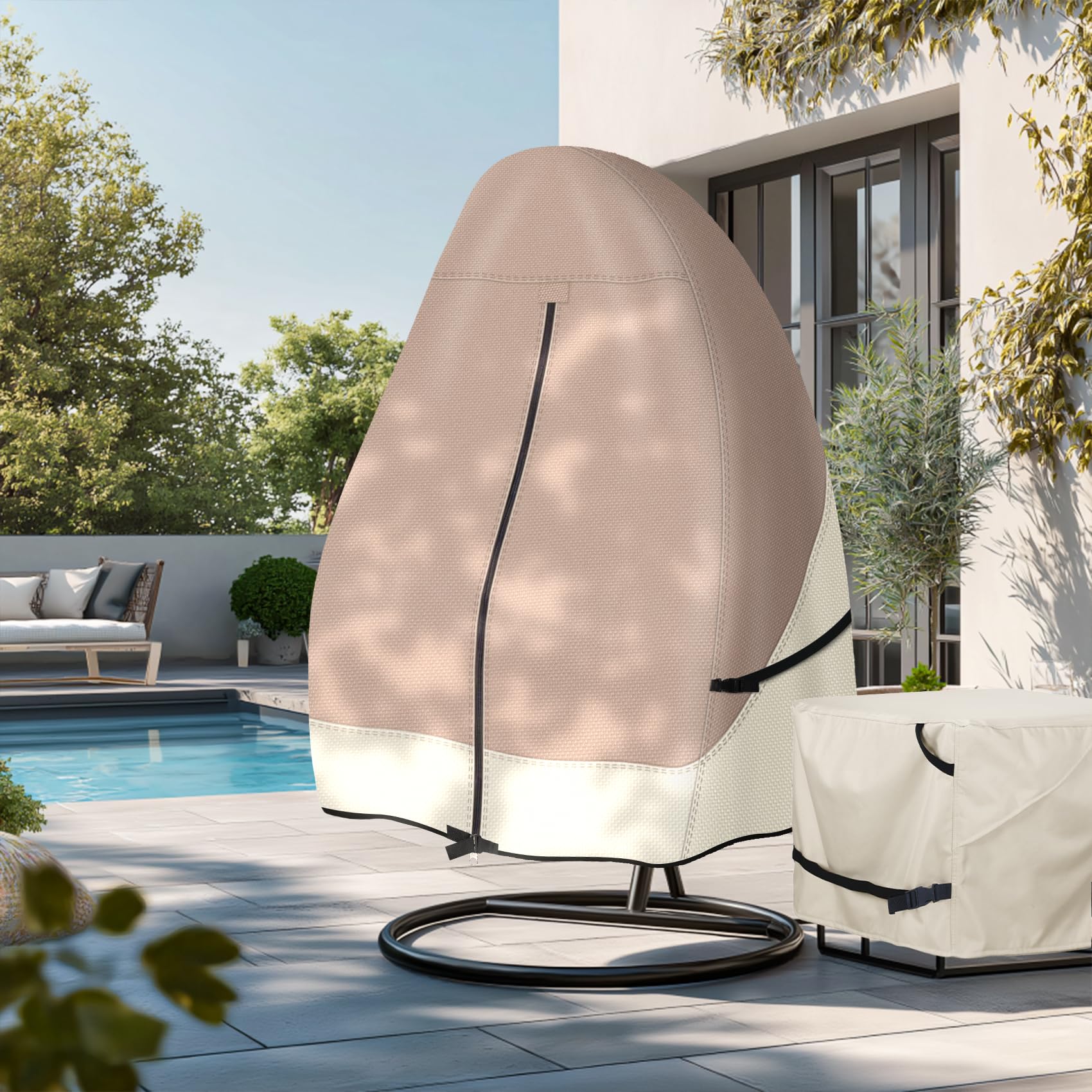 Porch Shield covered egg chair in patio scene protects furniture and enhances decor