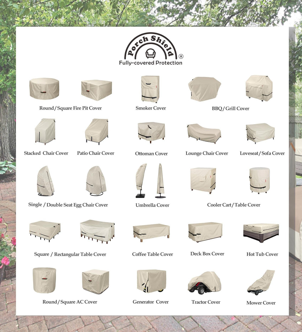 Porch Shield covers on a patio set in lifestyle scene demonstrating all-weather protection