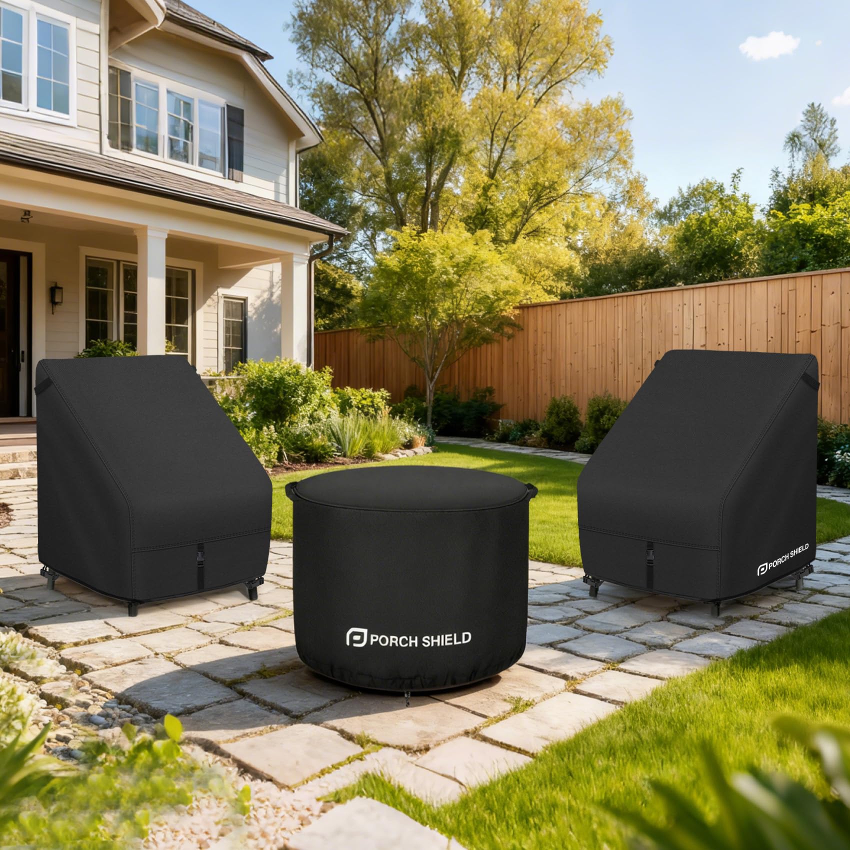Porch Shield cover fitted on lounge chair showing full weather protection in use