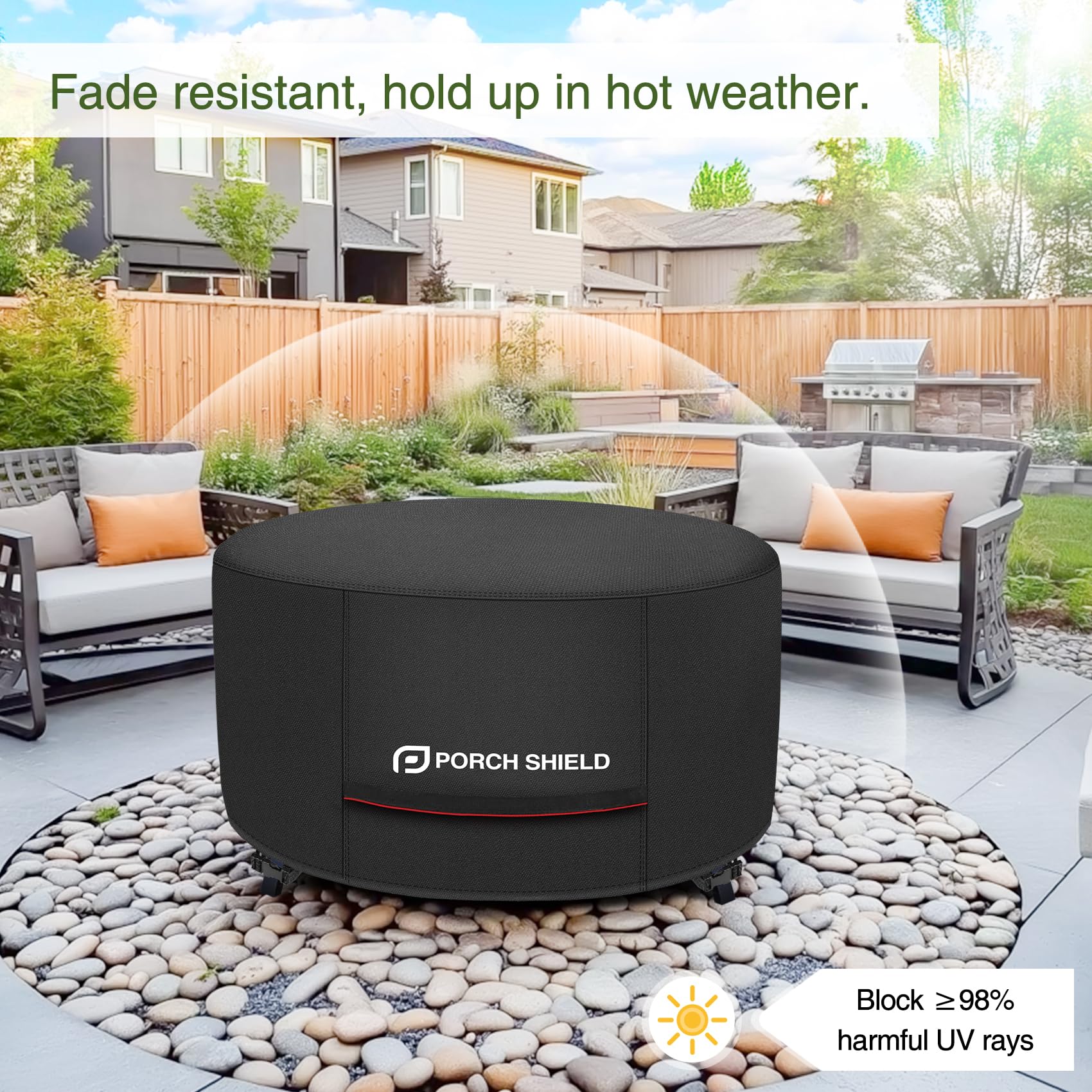 Porch Shield covered fire pit in backyard creating tidy protected patio benefit
