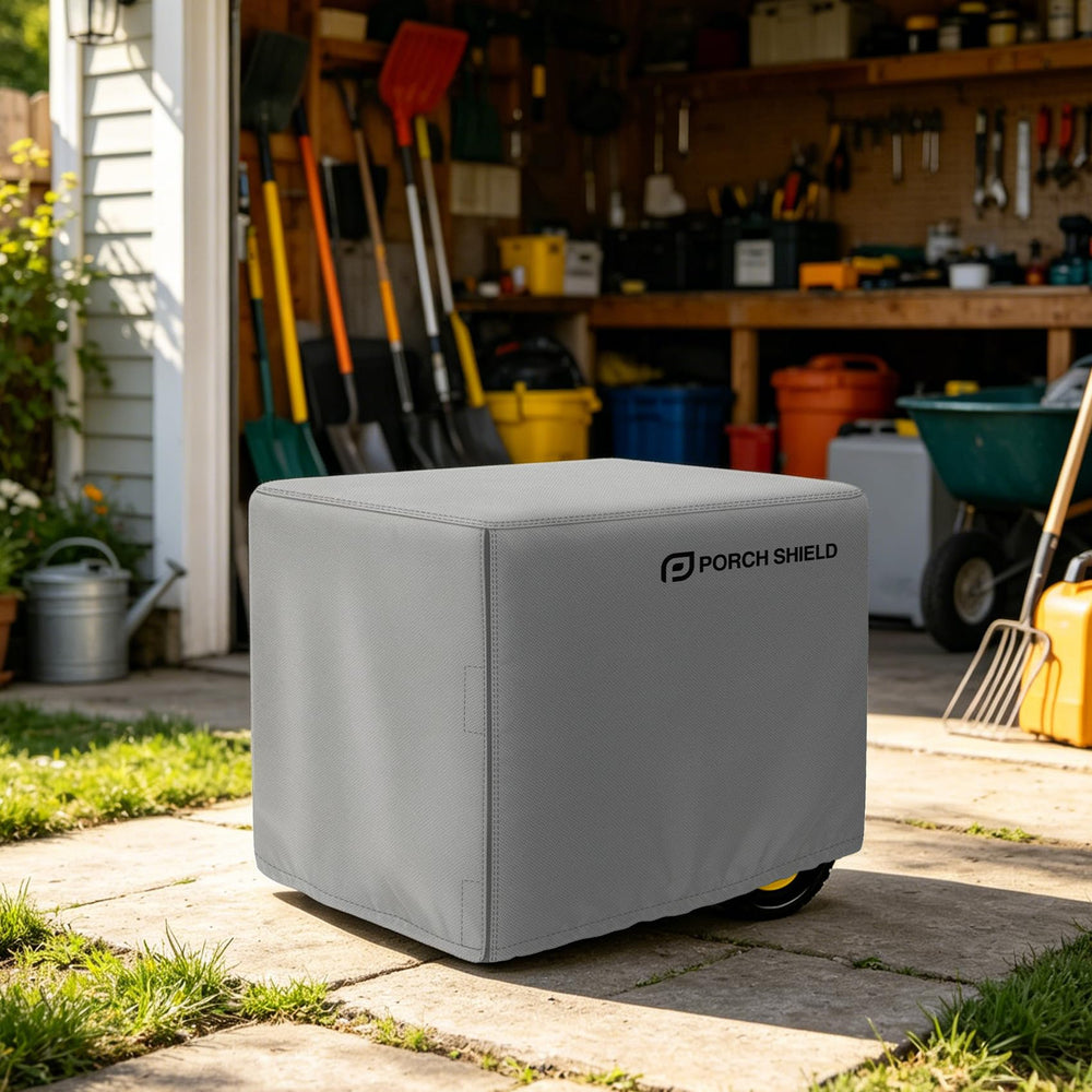 Porch Shield fitted over a running generator demonstrating practical protection