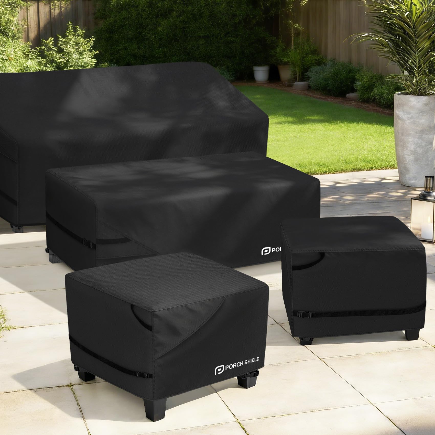 Porch Shield cover installed on patio ottoman demonstrating weather protection