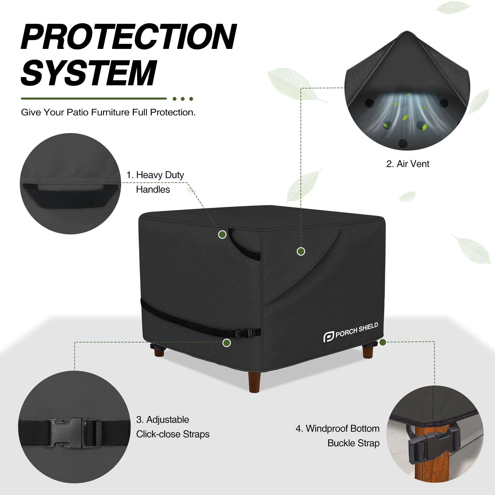 Porch Shield strap and buckle securing cover against wind uplift
