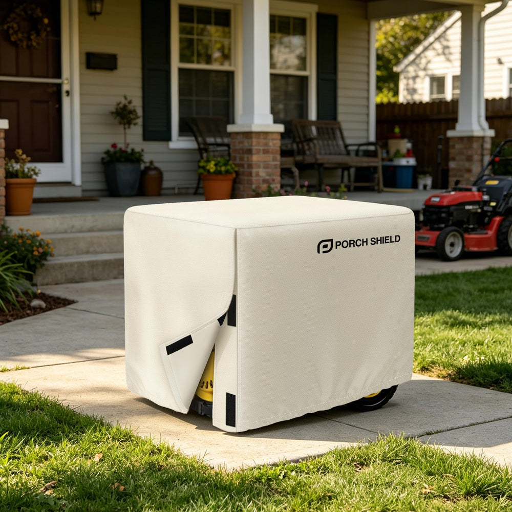 Porch Shield covered generator on patio showing clean outdoor storage