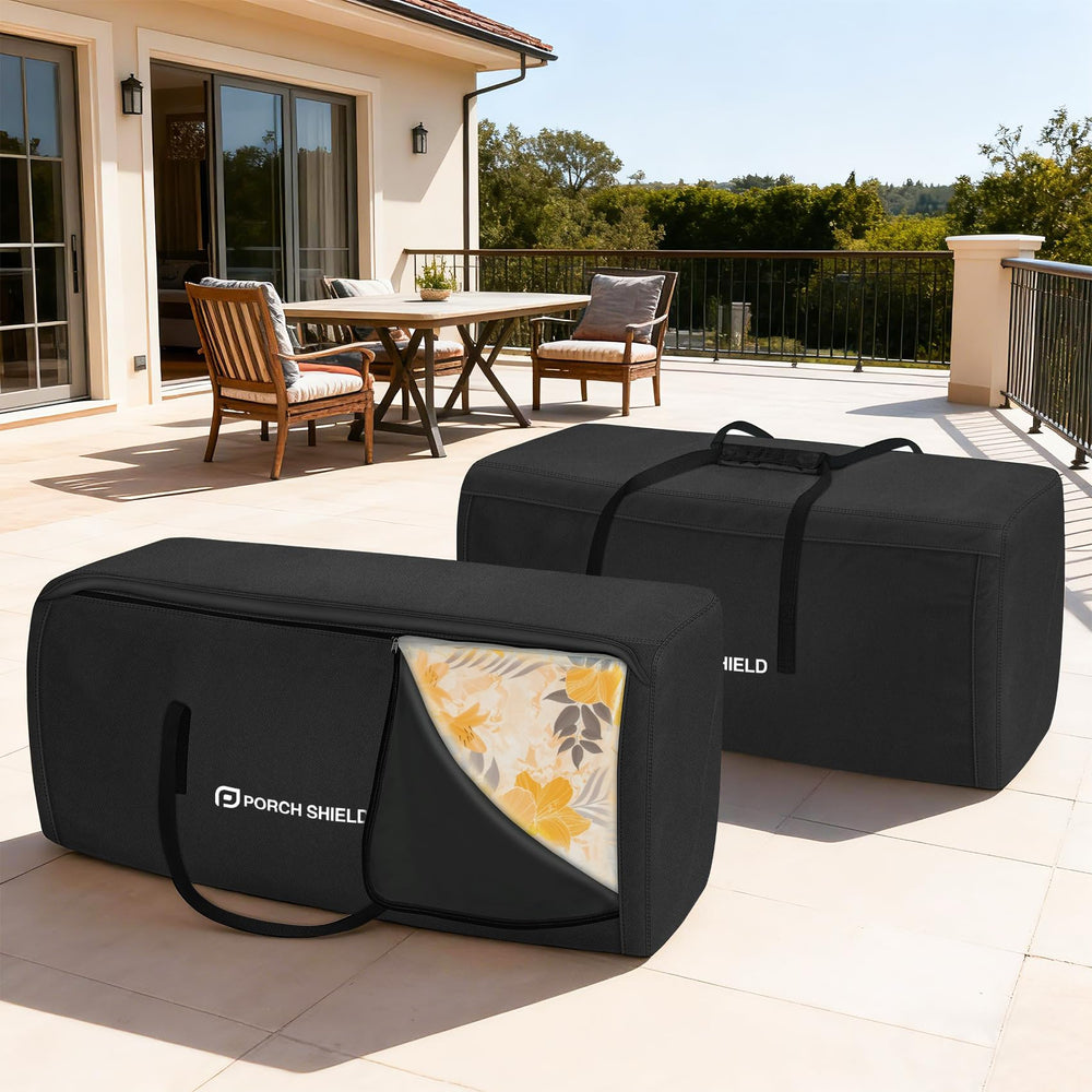 Porch Shield storage bag beside a patio chair to show scale and fit benefit