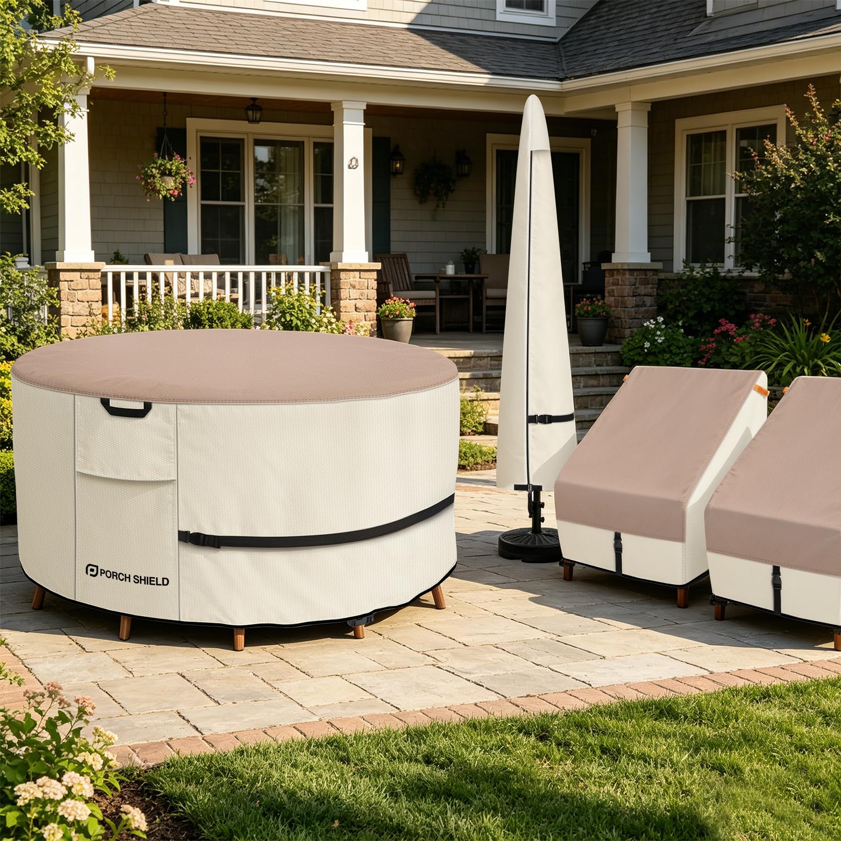 Porch Shield cover on table with scale markers showing fit for 84-inch tables