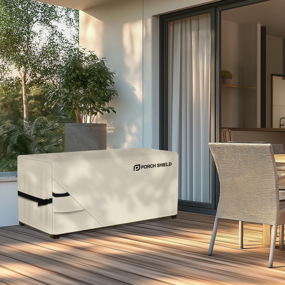 Porch Shield cover set on a deck box showing scale and fit for 56 by 26 by 26 inch boxes