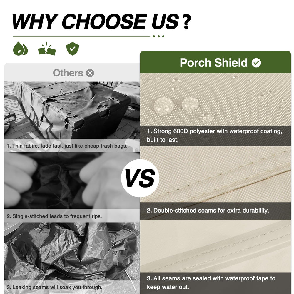 Porch Shield stitched seam detail showing reinforced double-stitched leak protection