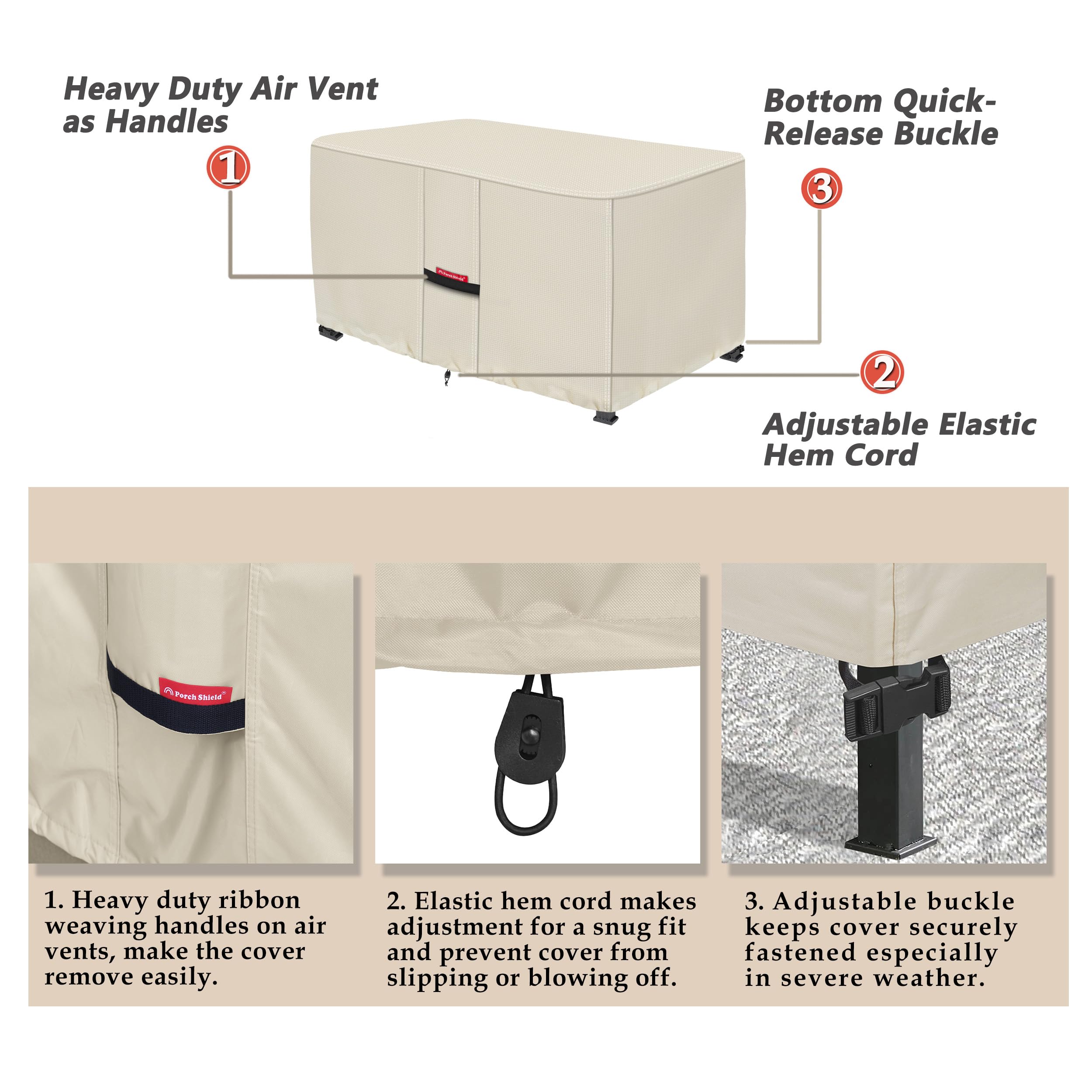 Porch Shield buckle strap close-up securing cover against wind and storms