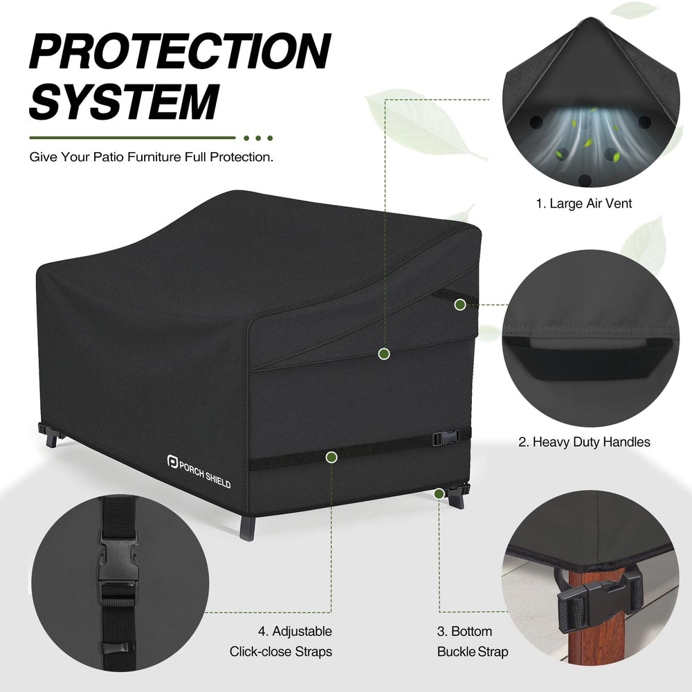 Porch Shield side profile highlighting adjustable straps that secure cover against wind