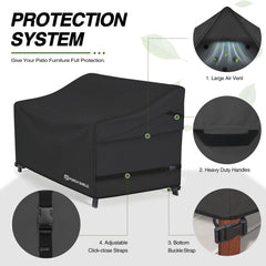Porch Shield side profile highlighting adjustable straps that secure cover against wind