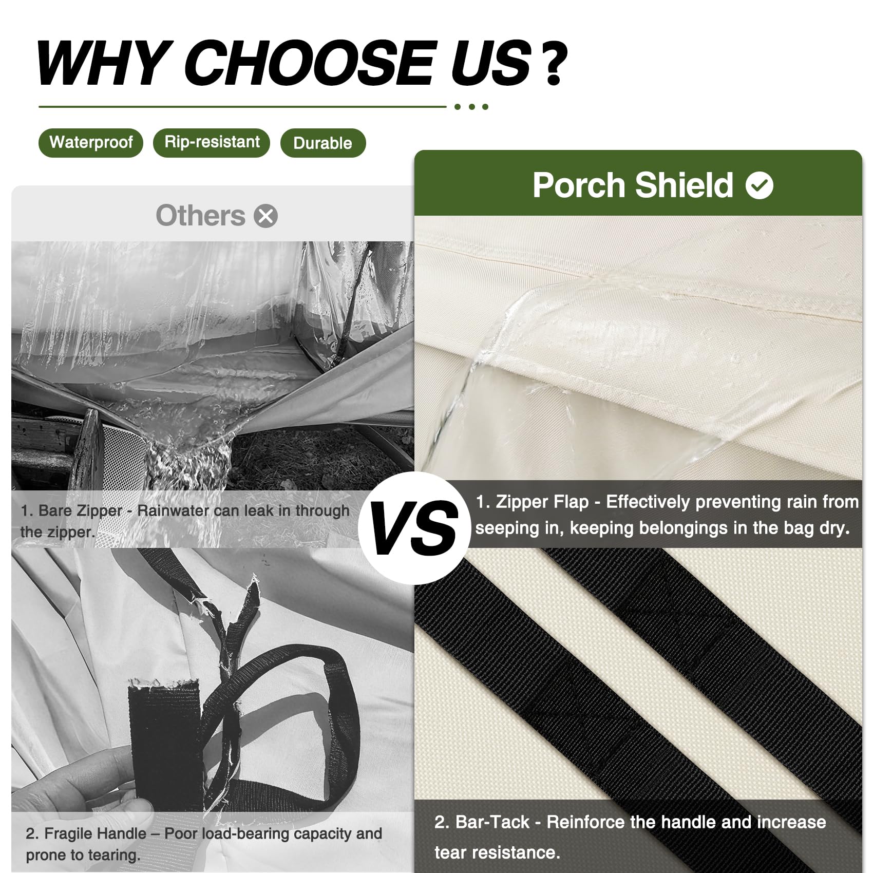 Porch Shield bag next to patio chair showing accurate size comparison