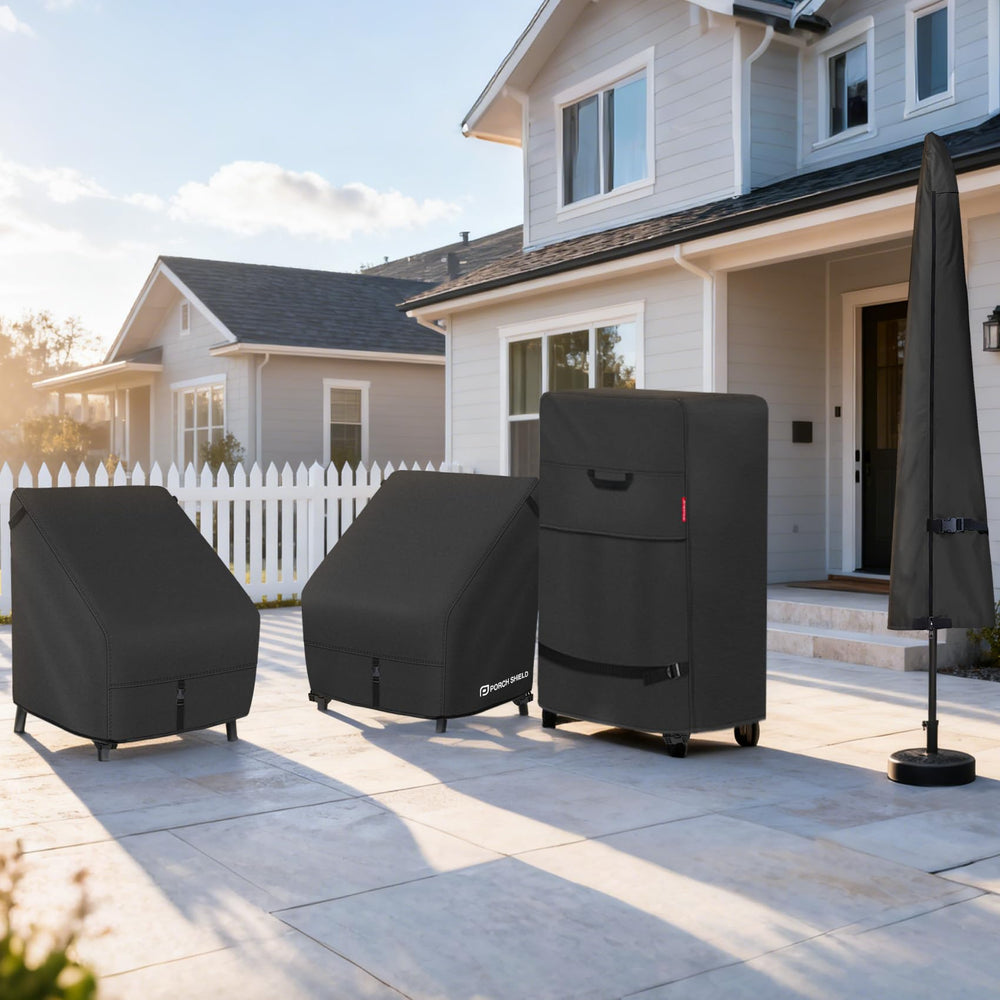 Porch Shield size comparison next to chair showing fit for deep seats