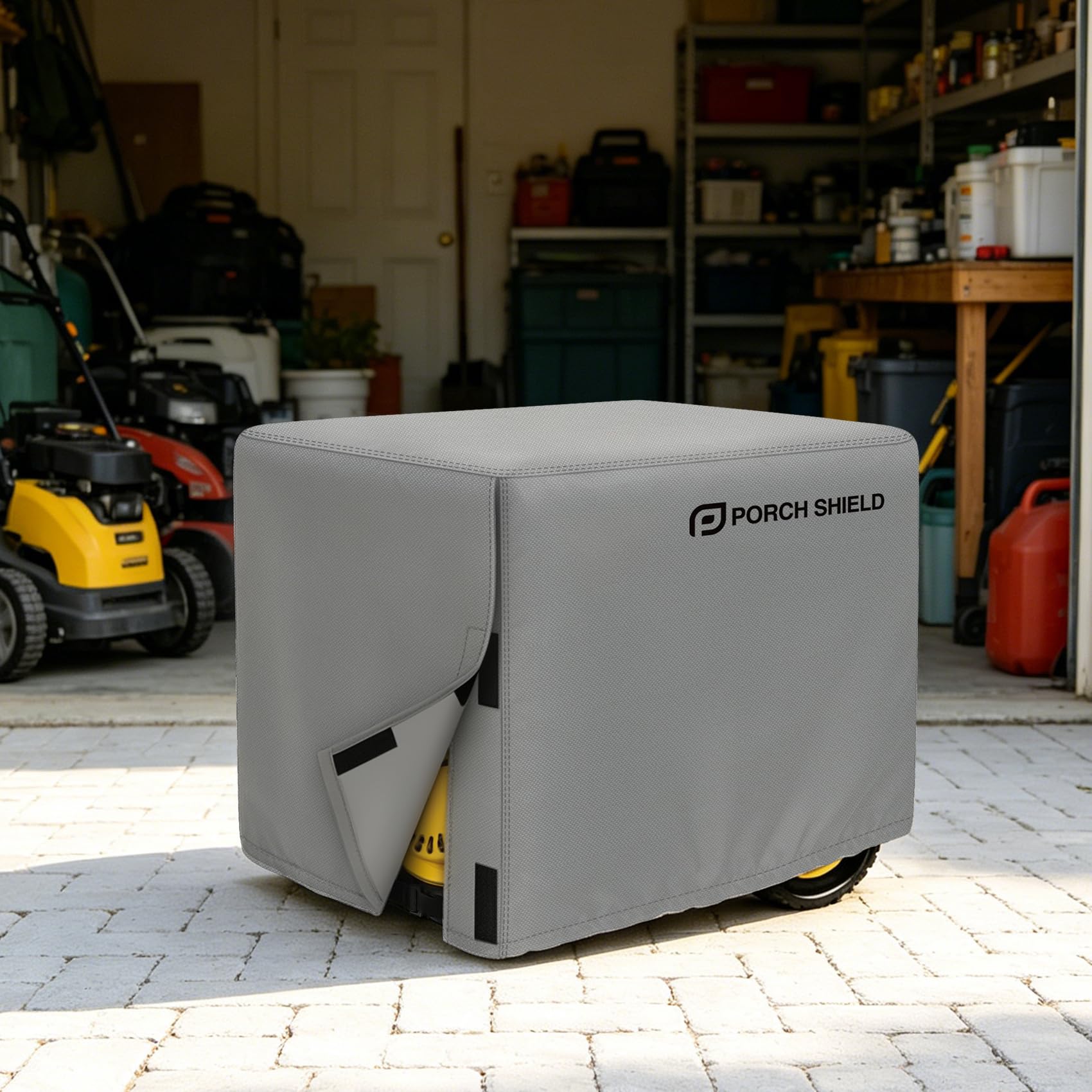 Porch Shield cover beside a generator to illustrate 32x24x24 inch size fit