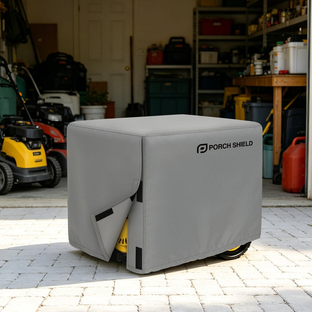 Porch Shield cover beside a generator to illustrate 32x24x24 inch size fit