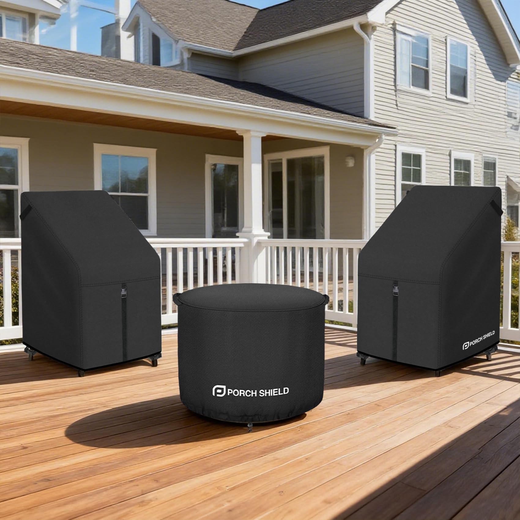 Porch Shield on stacked chairs showing fit and size comparison