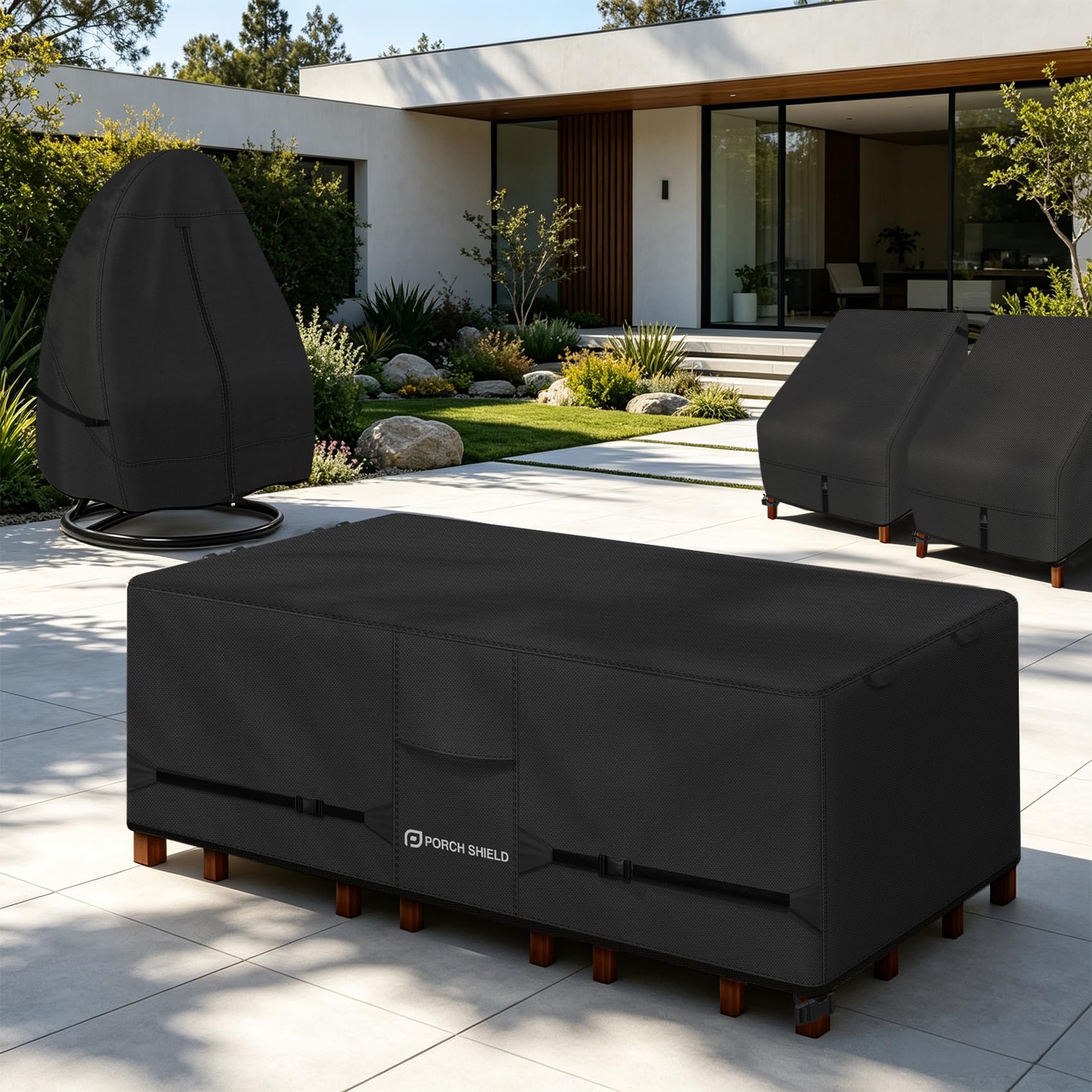 Porch Shield next-to-table size comparison showing fit for 4–6 chairs
