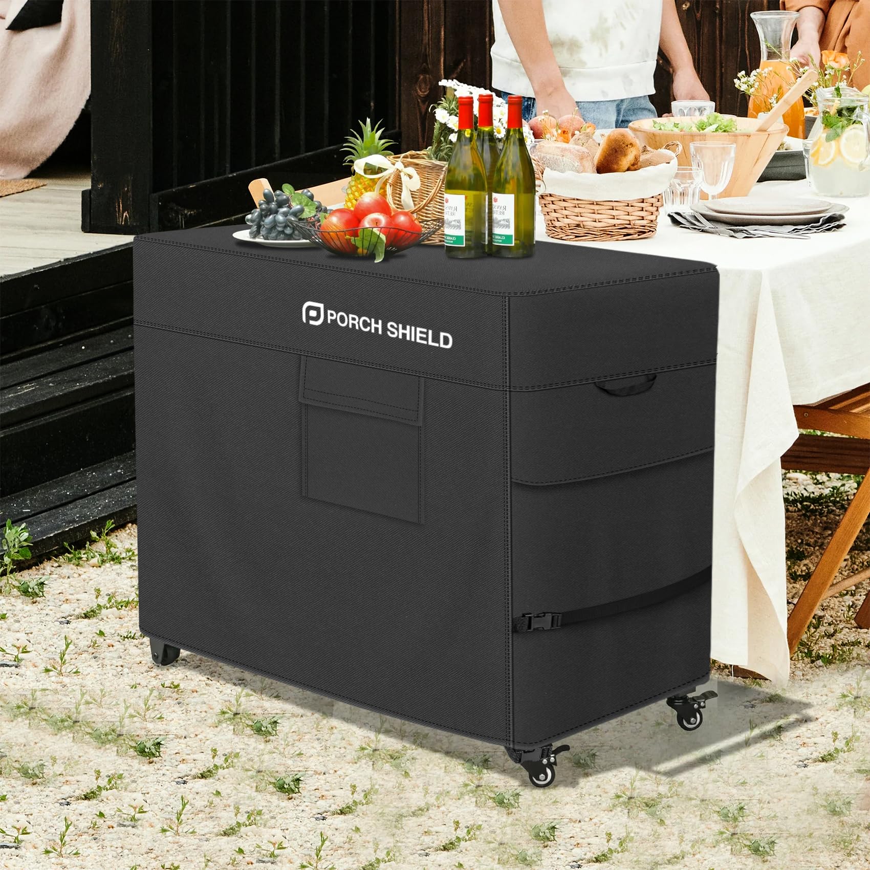 Porch Shield cover beside a cart for scale showing correct fit and protection benefit