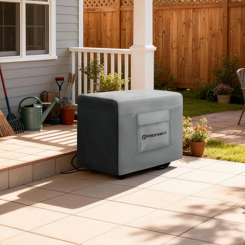 Porch Shield beside a standard generator illustrating the 26x20x20 size