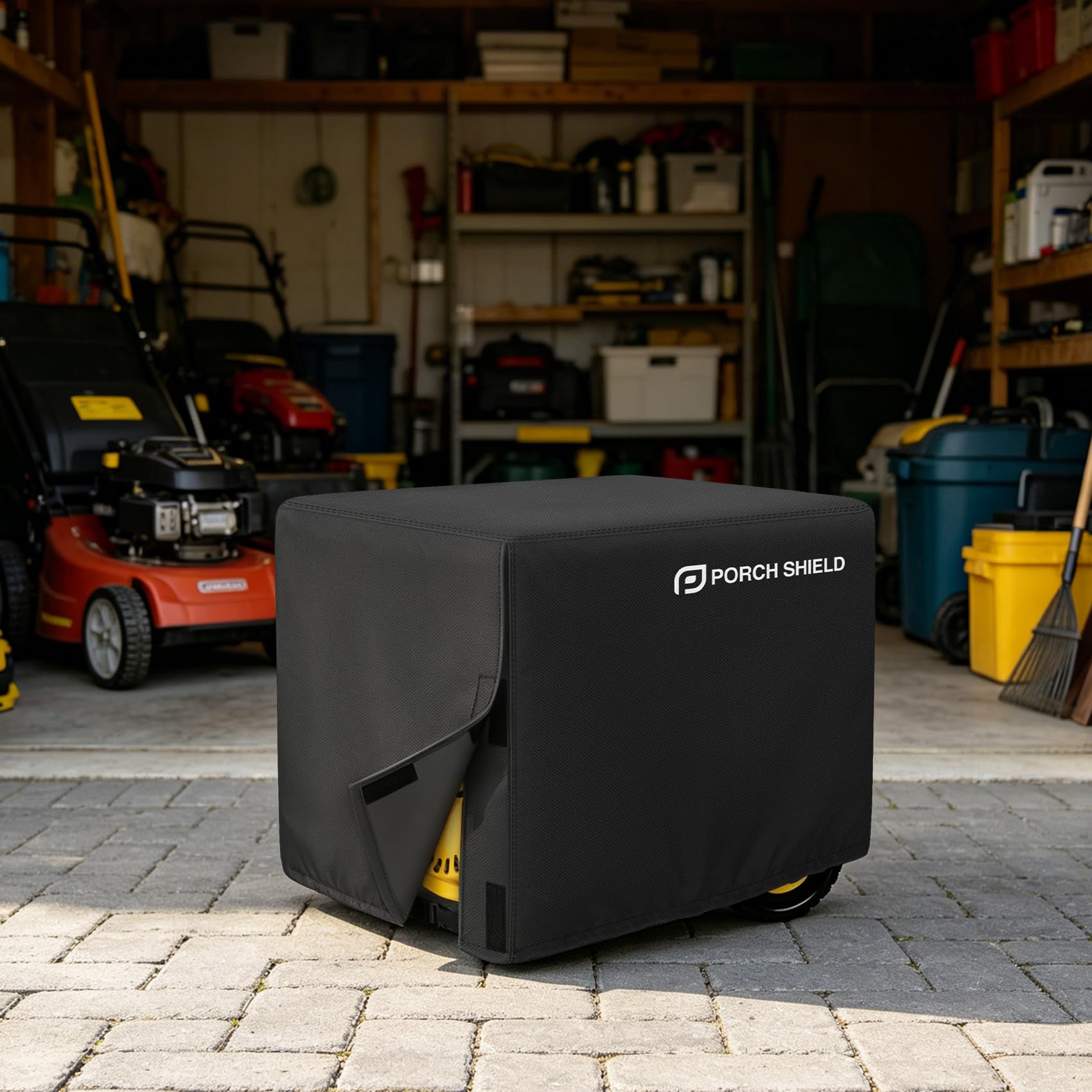 Porch Shield next to generator showing proper 26 x 20 x 20 size fit