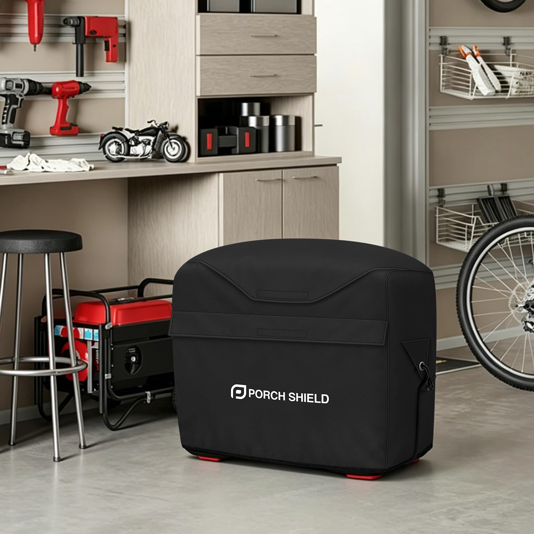 Porch Shield next to a generator to show 19x13x17 inch size and fit