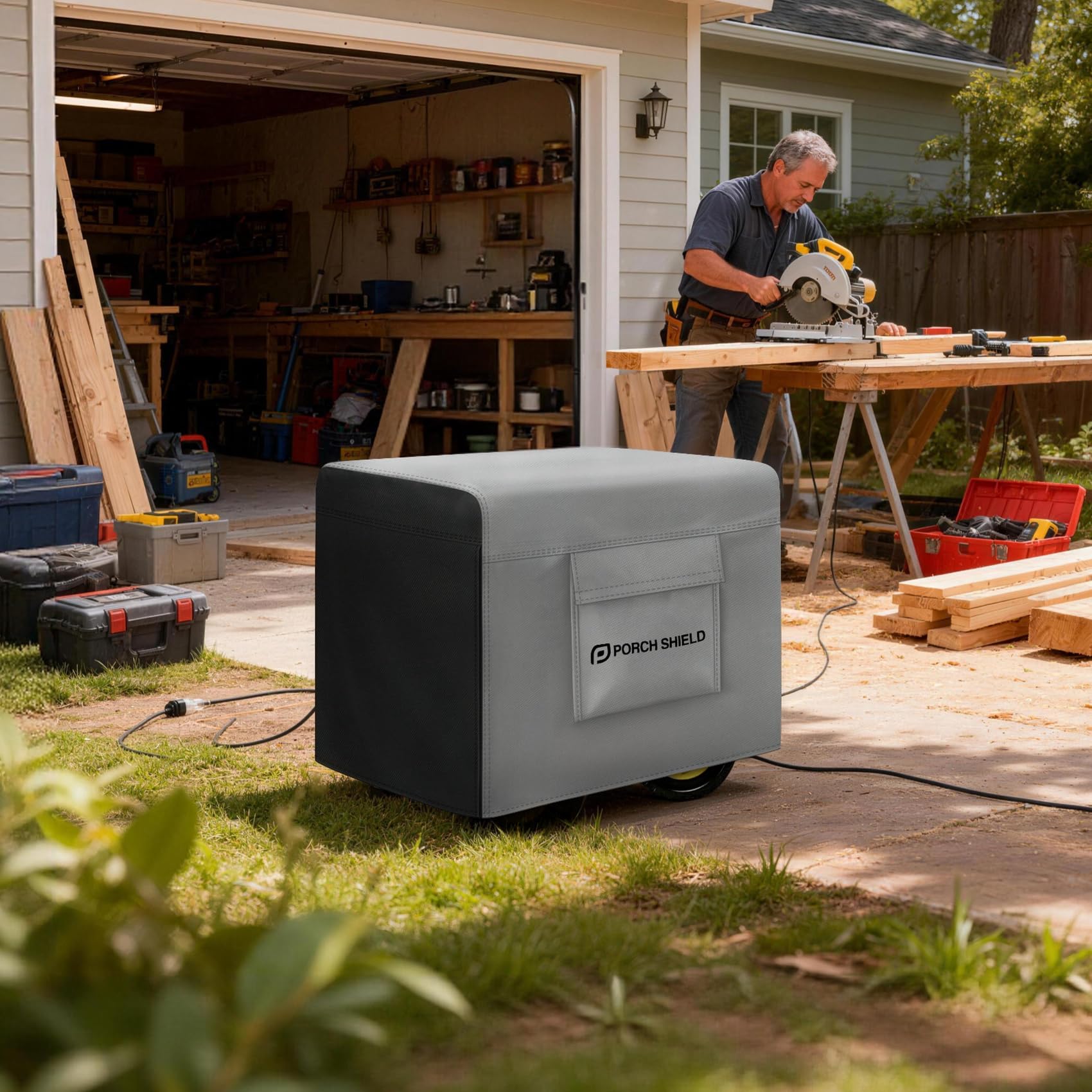 Porch Shield size comparison beside common generator demonstrates fit