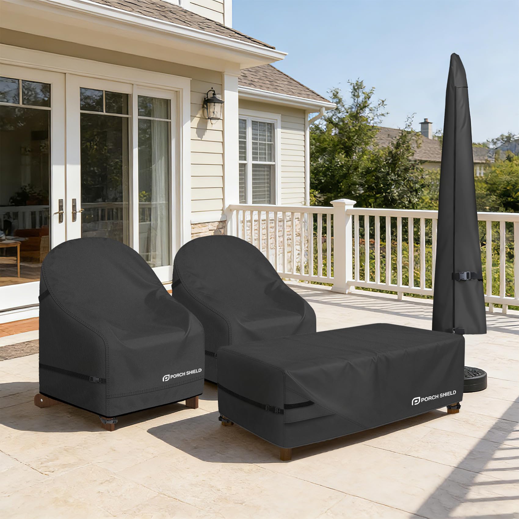 Porch Shield next-to-chair showing fit for 32" x 34" x 36" chairs for size reference