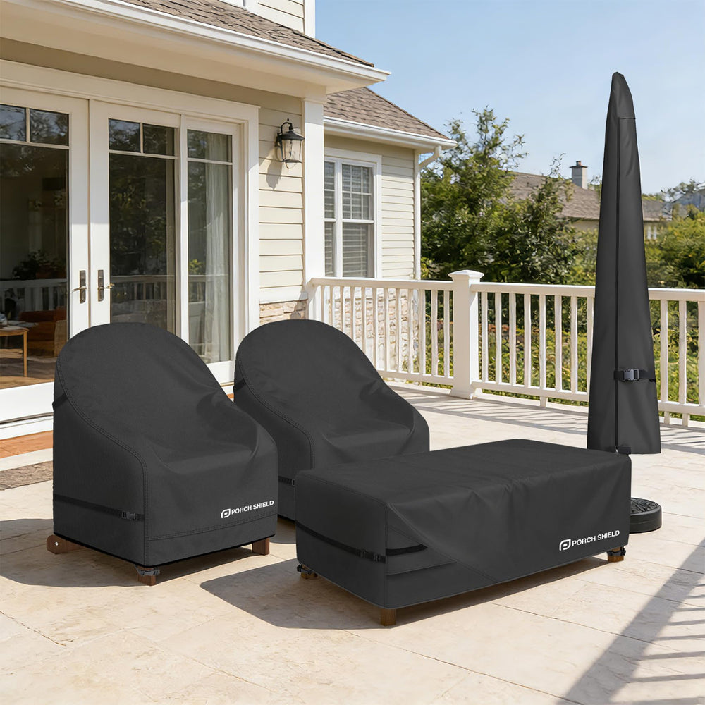 Porch Shield next-to-chair showing fit for 32" x 34" x 36" chairs for size reference