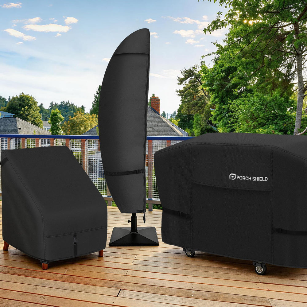 Porch Shield cover beside garden chair to show scale and fit for large umbrellas